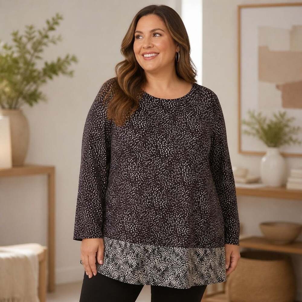 J.Jill Long Sleeve Pima Cotton Modal Border Print Tunic Top Size XL